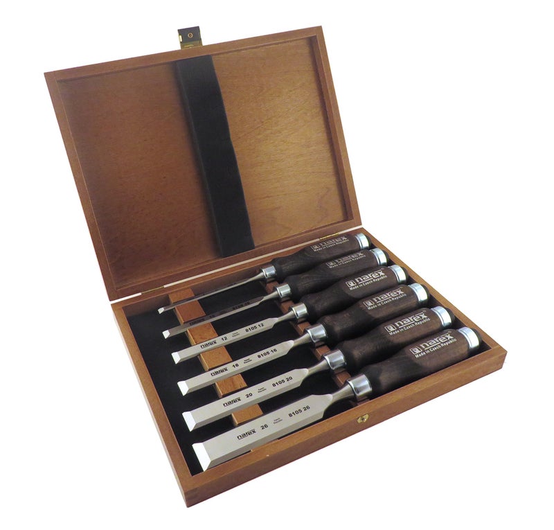 Narex 6 pc Set 6 mm (1/4), 10 (3/8), 12 (1/2), 16 (5/8), 20 (13/16), 26 (1-1/16) Woodworking Chisels in Wooden Presentation Box 853053 - Image 1
